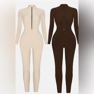 BOTH the cream and brown jumpsuit
